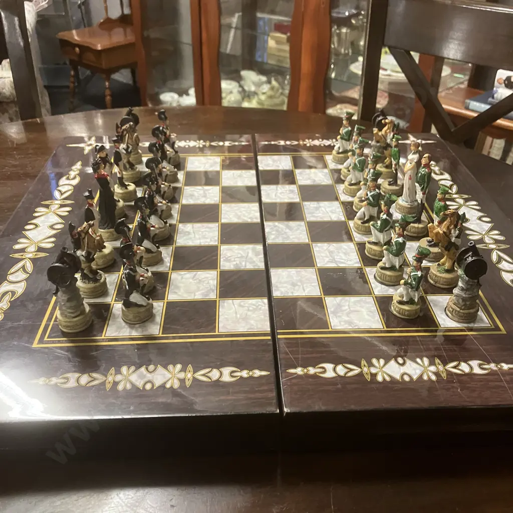 Napoleon vs Russians Hand-Painted Resin Chess Set & Backgammon Game, Folding Game Boards Case Image 1++