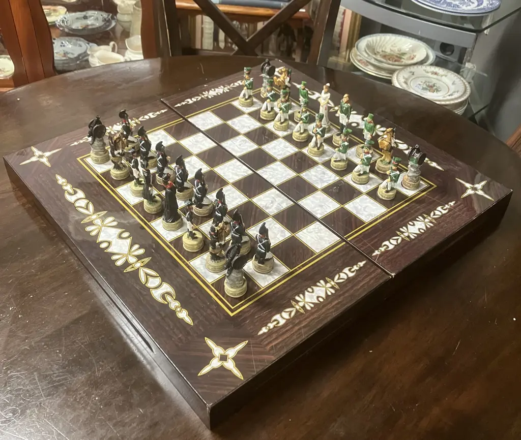 Napoleon vs Russians Hand-Painted Resin Chess Set & Backgammon Game, Folding Game Boards Case Image 1++