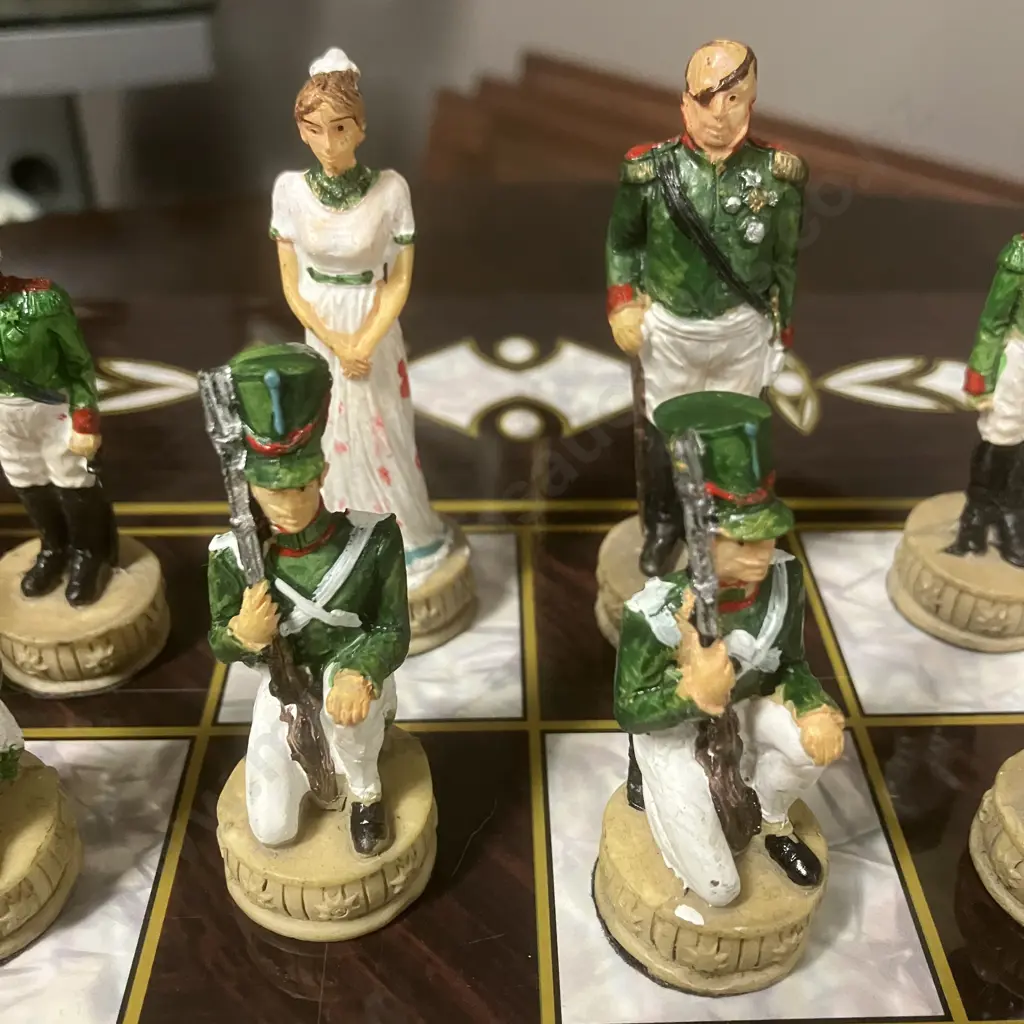 Napoleon vs Russians Hand-Painted Resin Chess Set & Backgammon Game, Folding Game Boards Case Image 1++