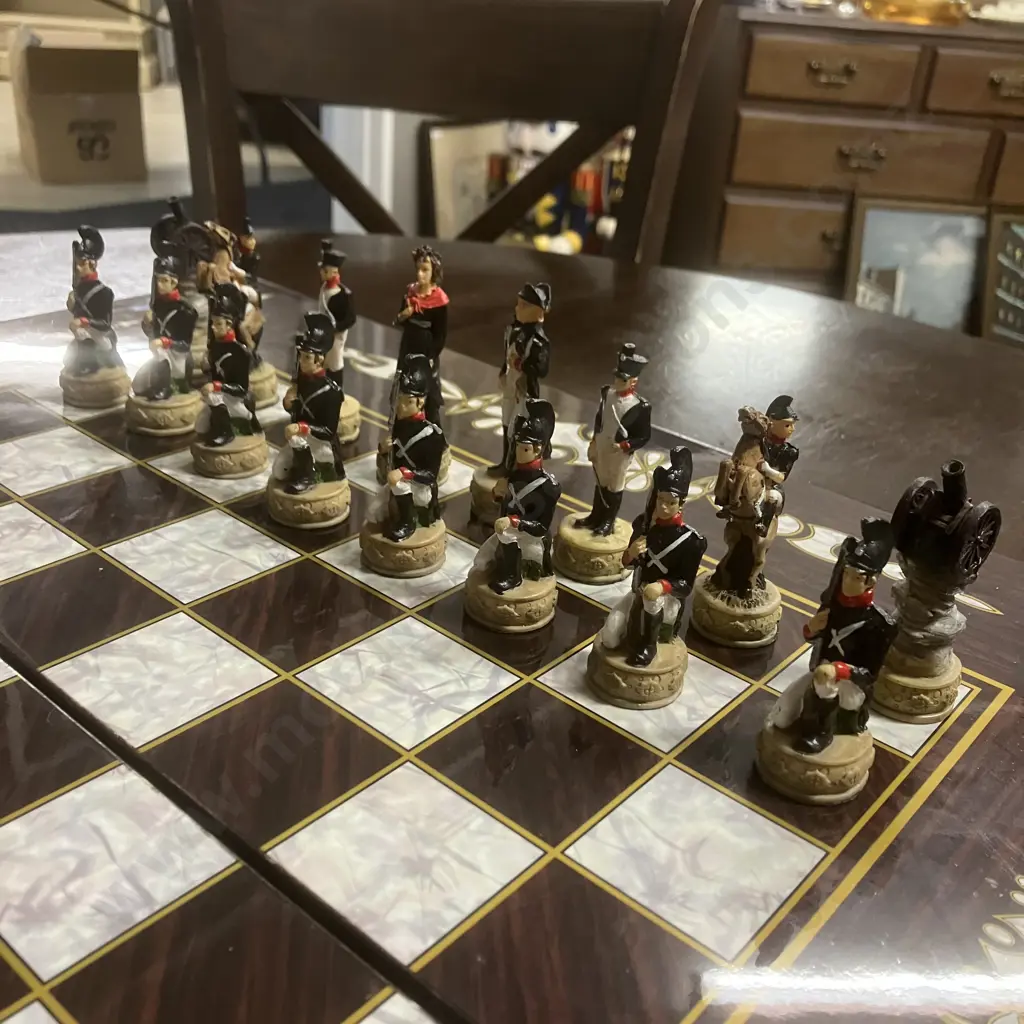 Napoleon vs Russians Hand-Painted Resin Chess Set & Backgammon Game, Folding Game Boards Case Image 1++