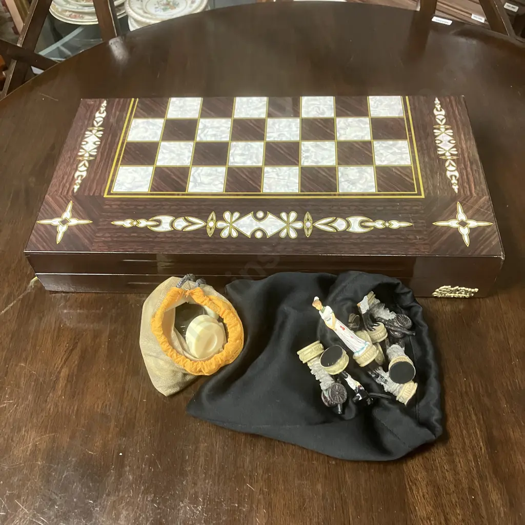 Napoleon vs Russians Hand-Painted Resin Chess Set & Backgammon Game, Folding Game Boards Case Image 1++