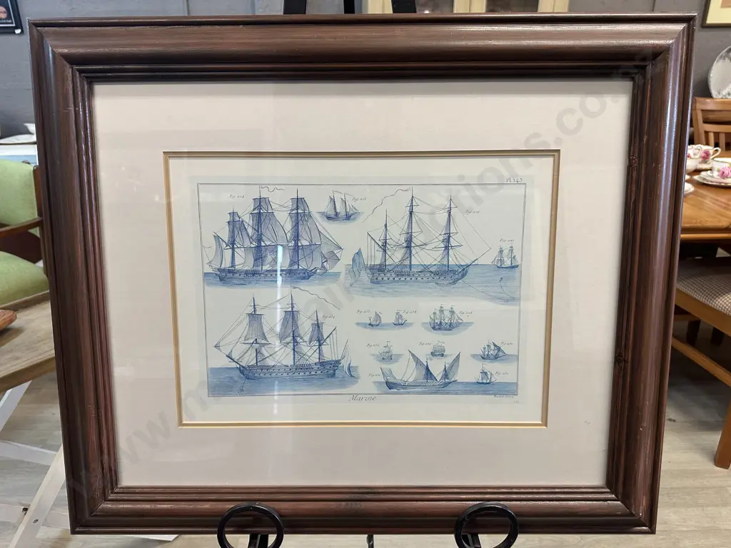 Vintage Maritime Print Titled 'Marine' By Bernard Direxit Featuring Sailing Ship Designs 60x71cm. Image 1++