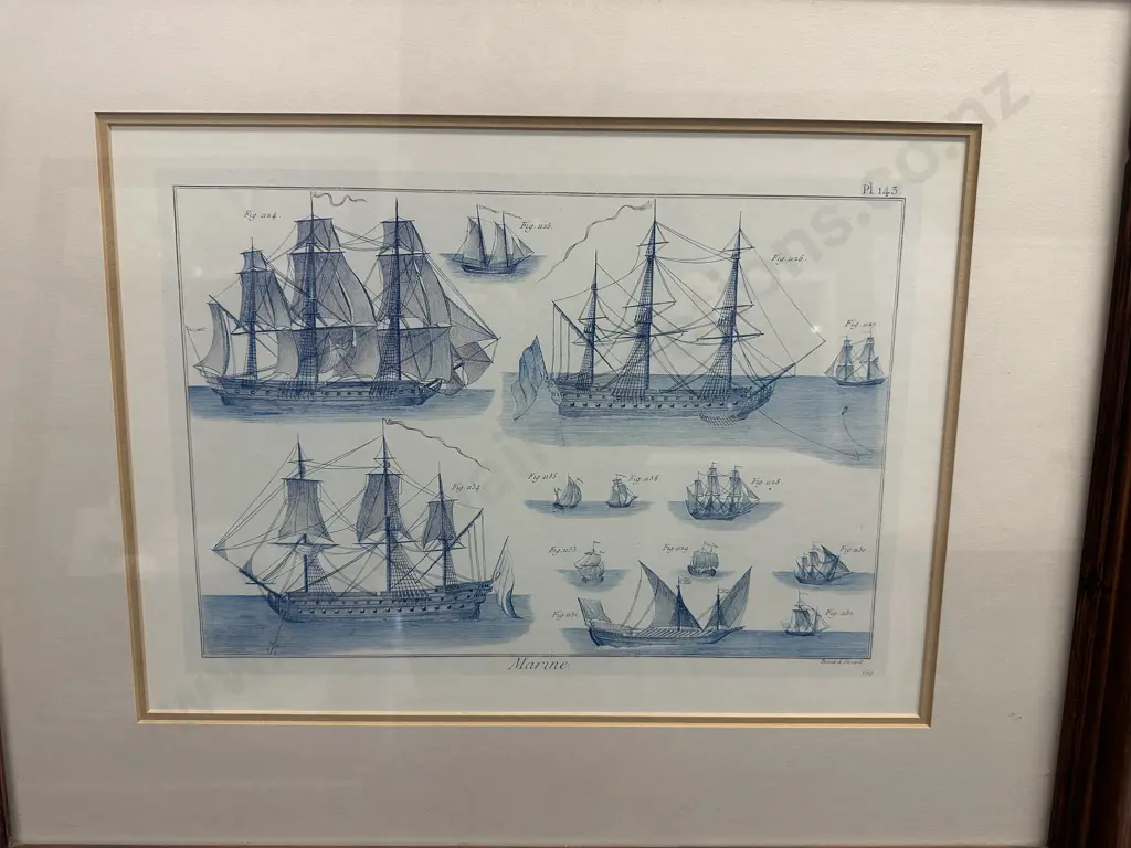Vintage Maritime Print Titled 'Marine' By Bernard Direxit Featuring Sailing Ship Designs 60x71cm. Image 1++