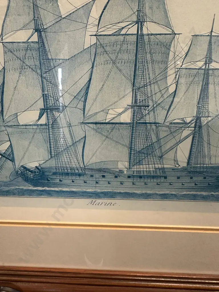 Vintage Maritime Print Titled 'Marine' By Bernard Direxit Featuring A Sailing Ship 60x71cm. Image 1++