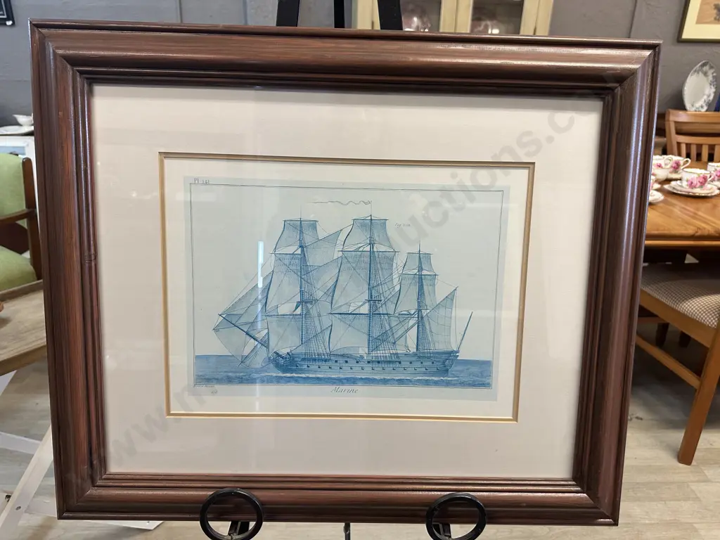 Vintage Maritime Print Titled 'Marine' By Bernard Direxit Featuring A Sailing Ship 60x71cm. Image 1++