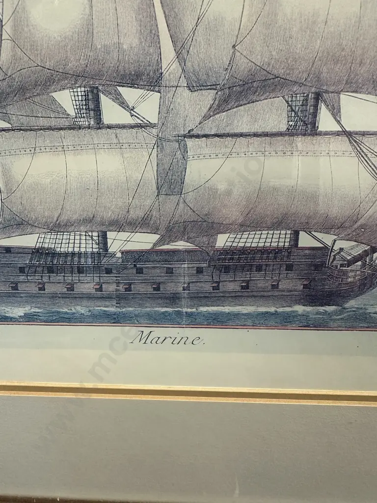Vintage Maritime Print Titled 'Marine' By Bernard Direxit Featuring A Sailing Ship With All The Sails Deployed  60x71cm. Image 1++