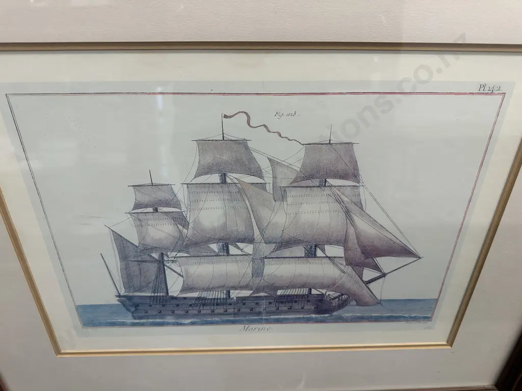 Vintage Maritime Print Titled 'Marine' By Bernard Direxit Featuring A Sailing Ship With All The Sails Deployed  60x71cm. Image 1++