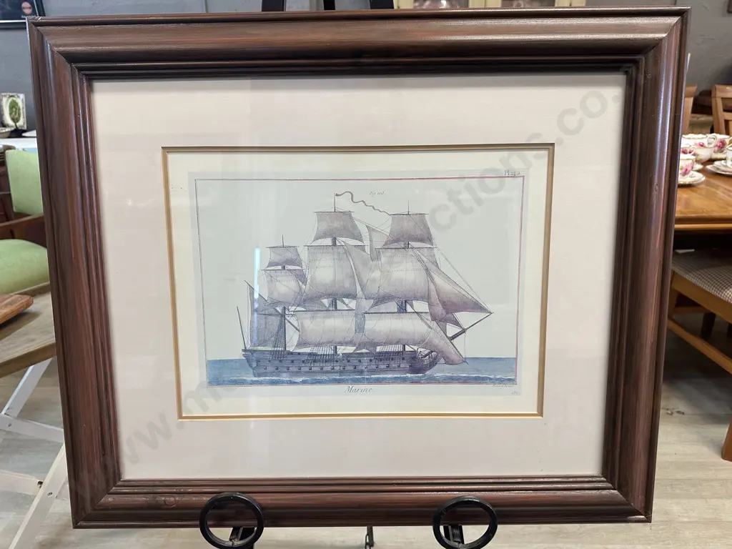 Vintage Maritime Print Titled 'Marine' By Bernard Direxit Featuring A Sailing Ship With All The Sails Deployed  60x71cm. Image 1++