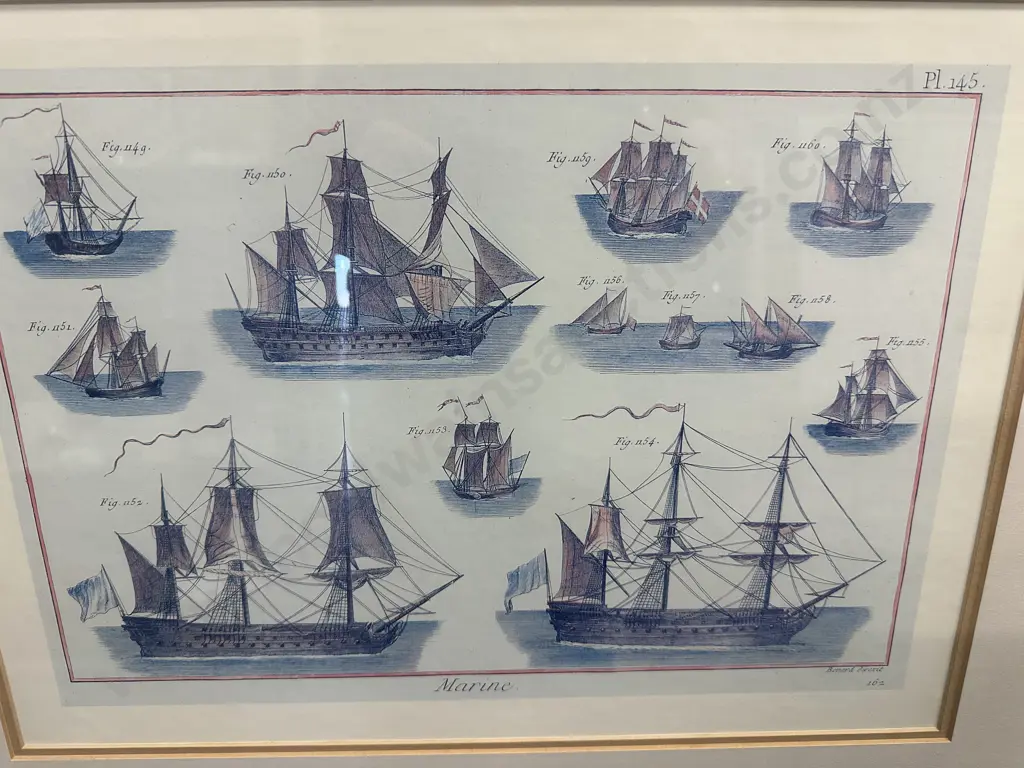Vintage Maritime Print Titled 'Marine' By Bernard Direxit Illustrations Of Various 18th Century Sailing Ships 60x71cm. Image 1++