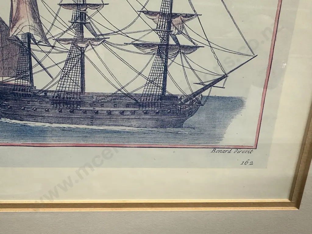 Vintage Maritime Print Titled 'Marine' By Bernard Direxit Illustrations Of Various 18th Century Sailing Ships 60x71cm. Image 1++