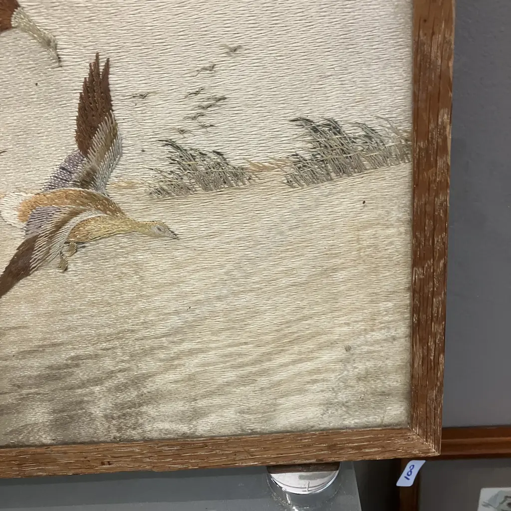 Vintage Silk Embroidered Water Fowl Marshscape, Framed 31 x 46cm Image 1++