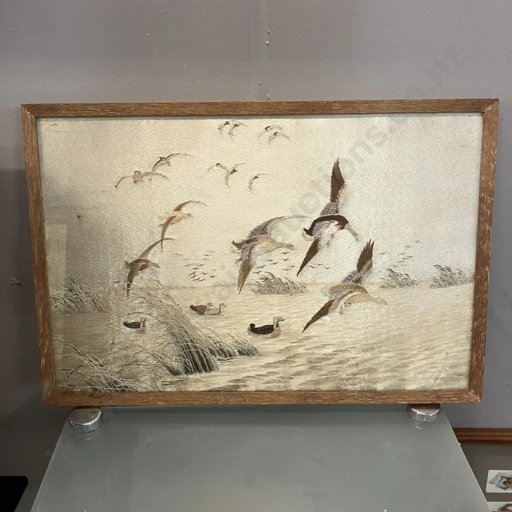 Vintage Silk Embroidered Water Fowl Marshscape, Framed 31 x 46cm Image 1++