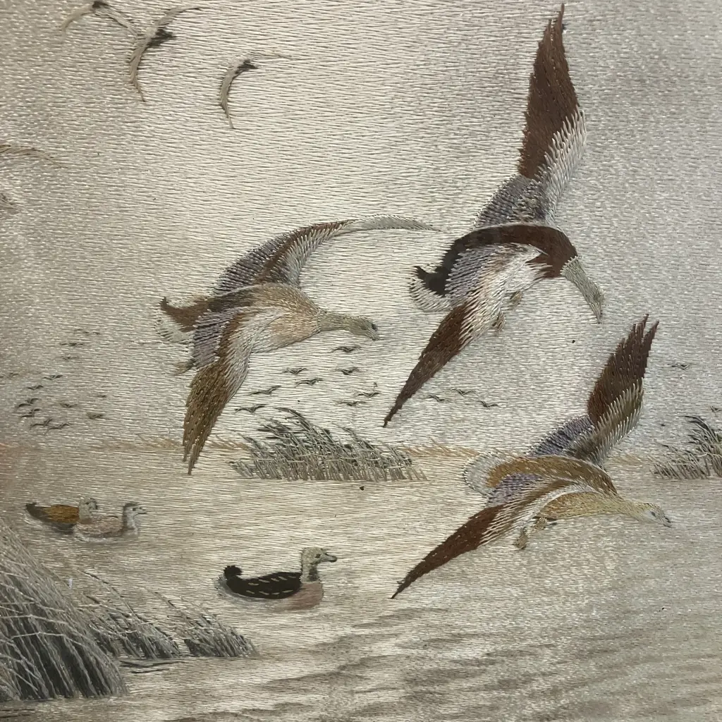Vintage Silk Embroidered Water Fowl Marshscape, Framed 31 x 46cm Image 1++