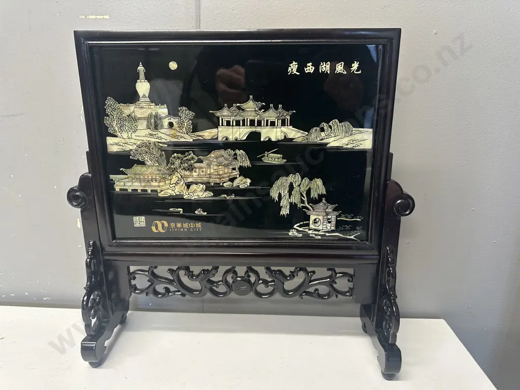 Traditional Chinese Table Screen Mother Of Pearl Detail 'Living City' 38x36 Image 1++