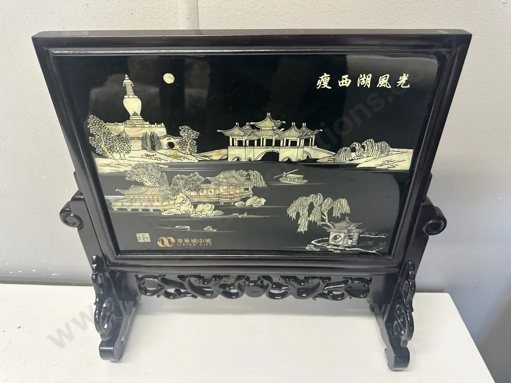 Traditional Chinese Table Screen Mother Of Pearl Detail 'Living City' 38x36 Image 1++