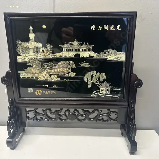 Traditional Chinese Table Screen Mother Of Pearl Detail 'Living City' 38x36