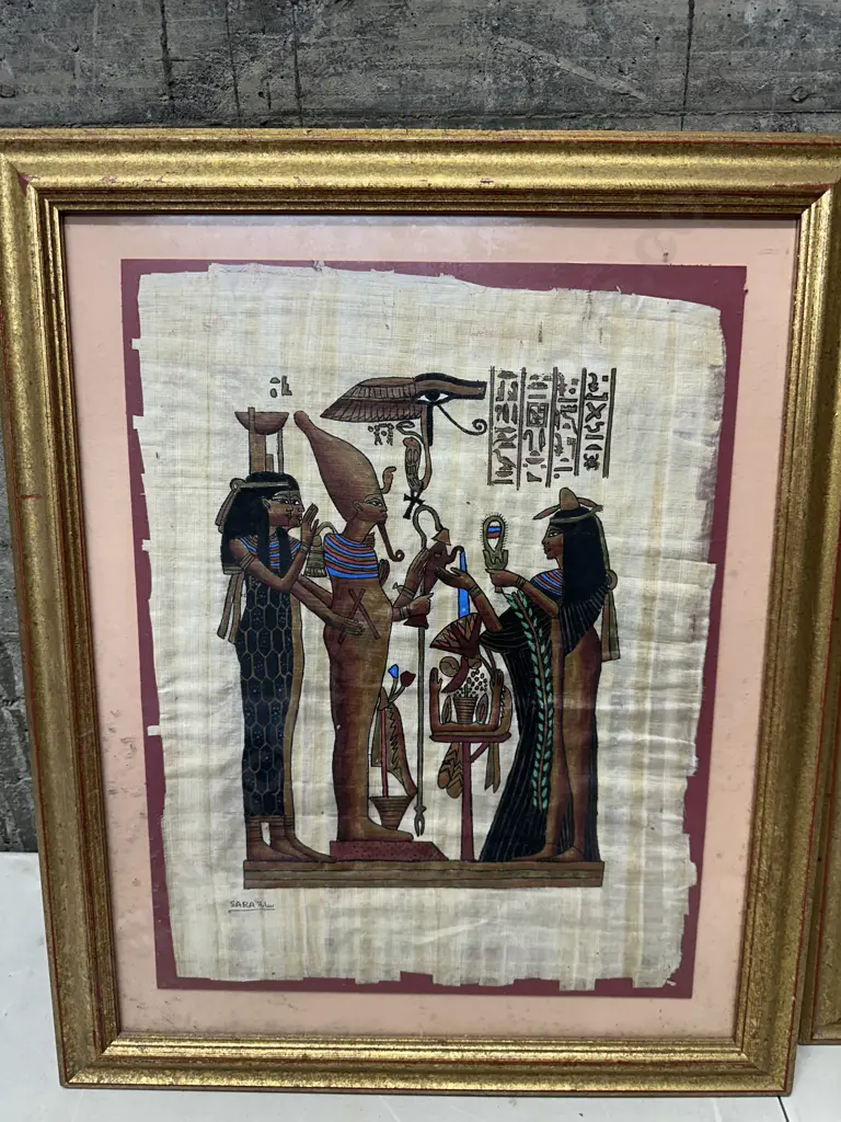 Gilt Framed Egyptian Papyrus Scenes From Ancient Egyptian Mythology H57,W47cm. Image 1++