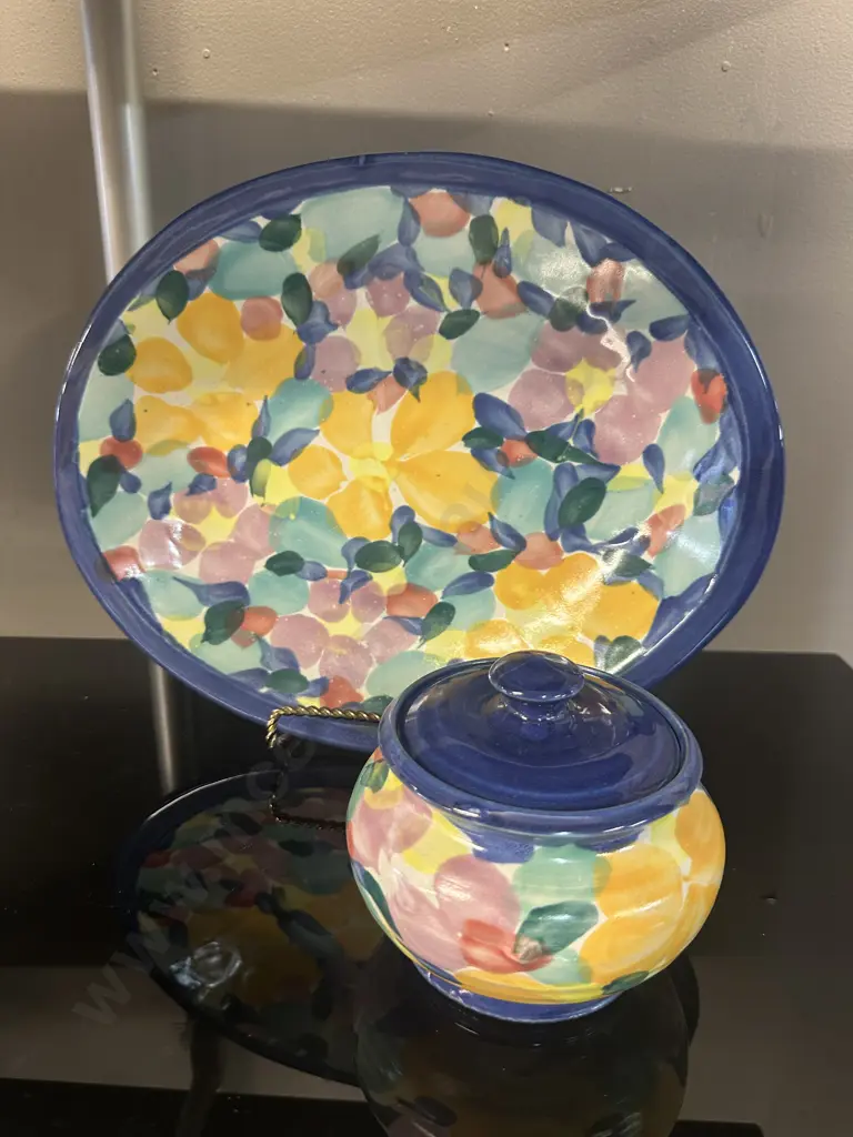 Tony Sly Raglan Multi Coloured Oval Serving Dish L33cm & Lidded Bowl Image 1++