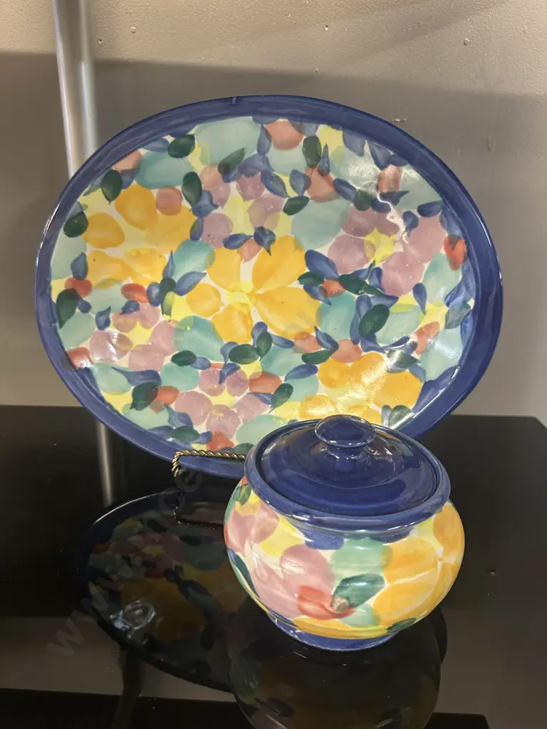 Tony Sly Raglan Multi Coloured Oval Serving Dish L33cm & Lidded Bowl Image 1++