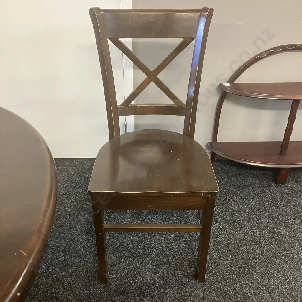Round Rubberwood Dark Stained Dining Table, Pedestal Base (74 x 107cm) With 4 Curved Cross Backed Dining Chairs Image 1++