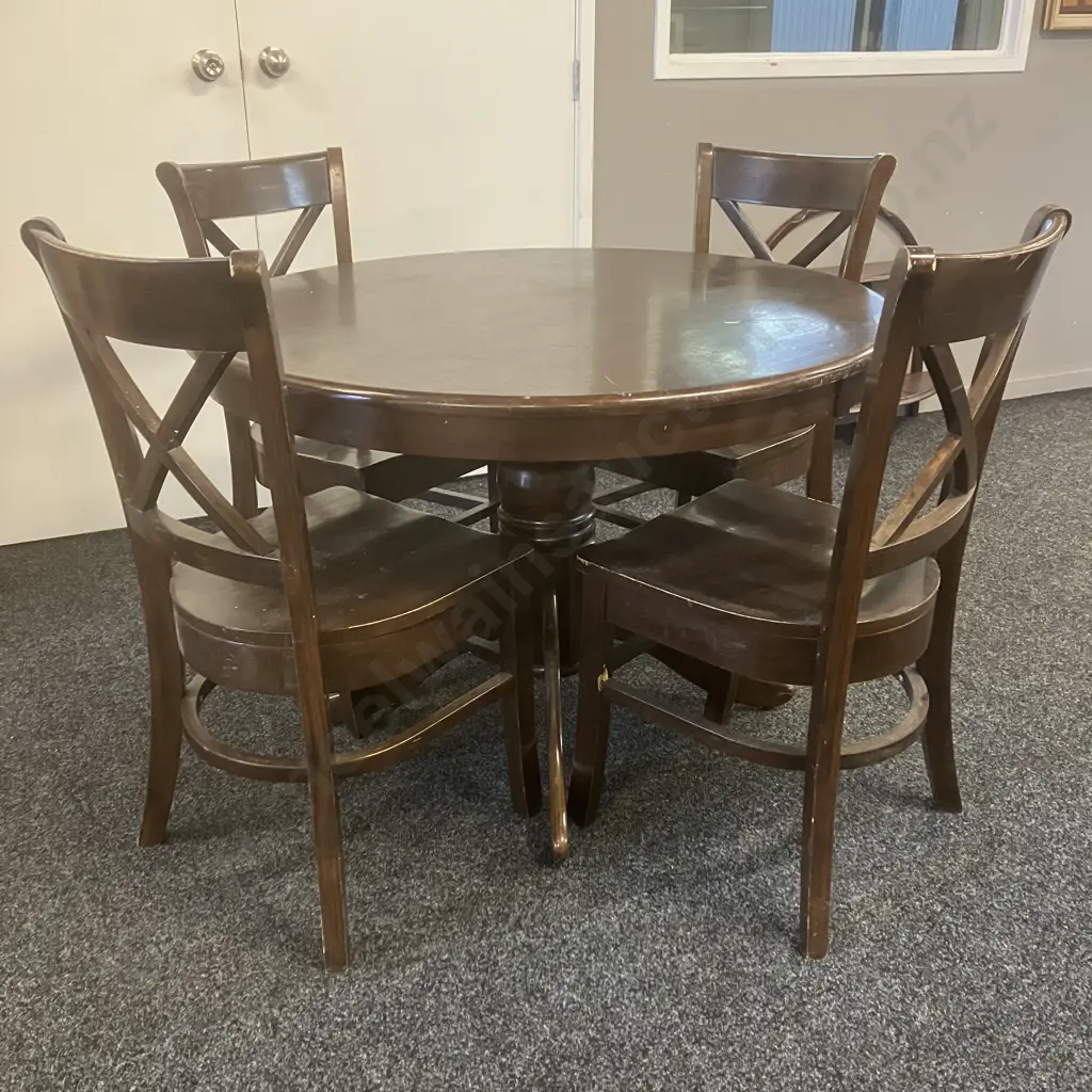 Round Rubberwood Dark Stained Dining Table, Pedestal Base (74 x 107cm) With 4 Curved Cross Backed Dining Chairs Image 1++