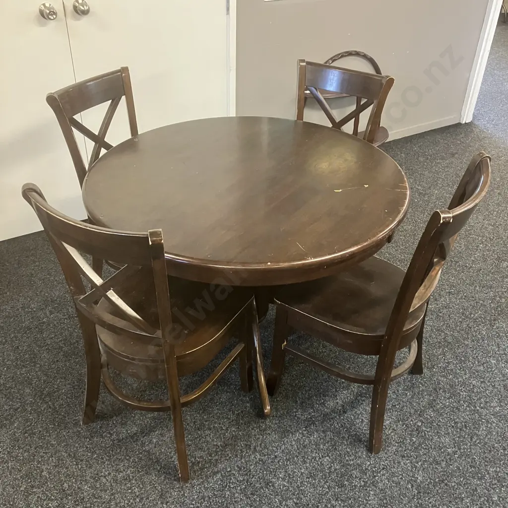 Round Rubberwood Dark Stained Dining Table, Pedestal Base (74 x 107cm) With 4 Curved Cross Backed Dining Chairs Image 1++
