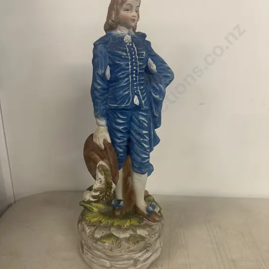 Vintage Bisque Porcelain Blue Boy Figurine With Hat In Hand. H36cm