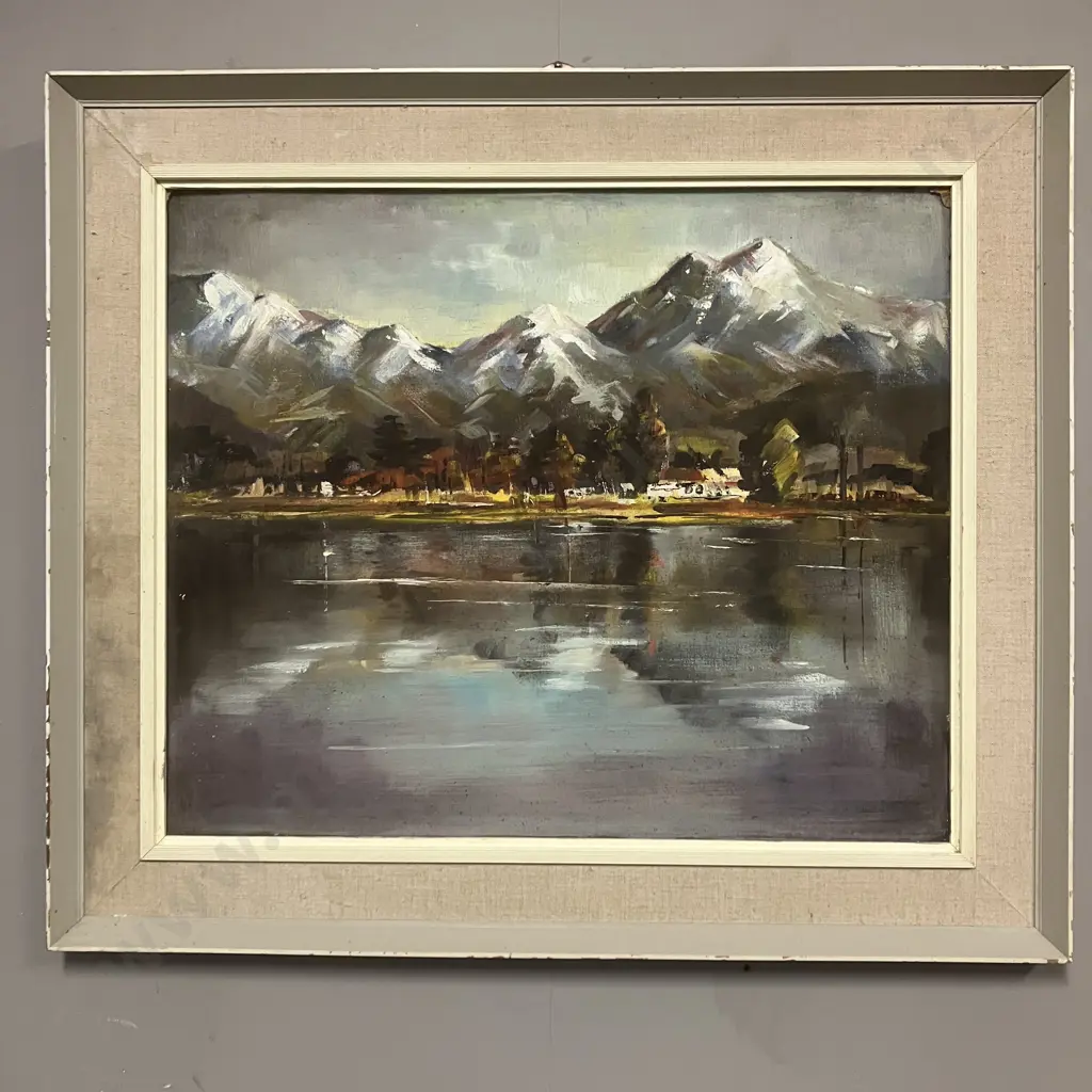 Florence M. Luxford Framed Oil On Board Showing Snow Capped Mountains & Lake. 65 x 76cm, Signed Bottom Right Image 1++