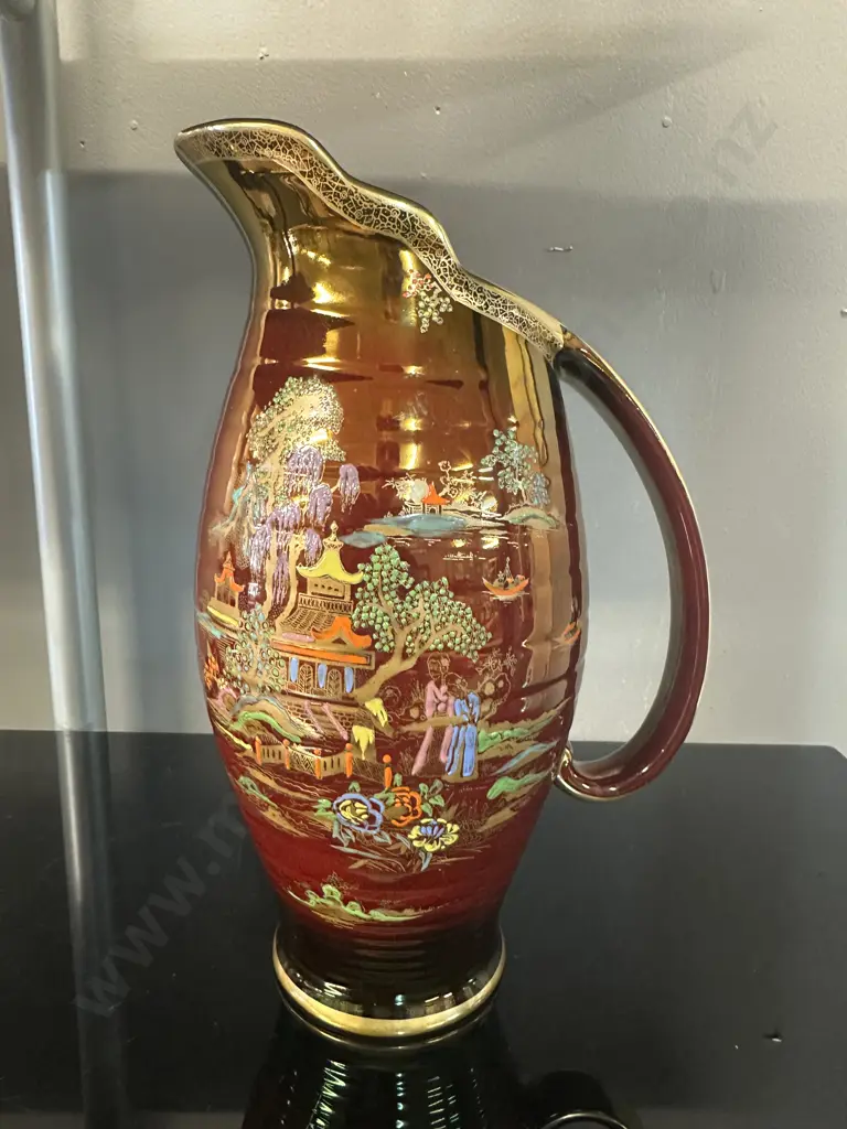 Crown Devon Rouge Royale Jug Featuring Chinese Pagoda Decoration #5179 H27cm. Image 1++
