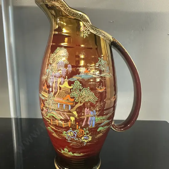 Crown Devon Rouge Royale Jug Featuring Chinese Pagoda Decoration #5179 H27cm.