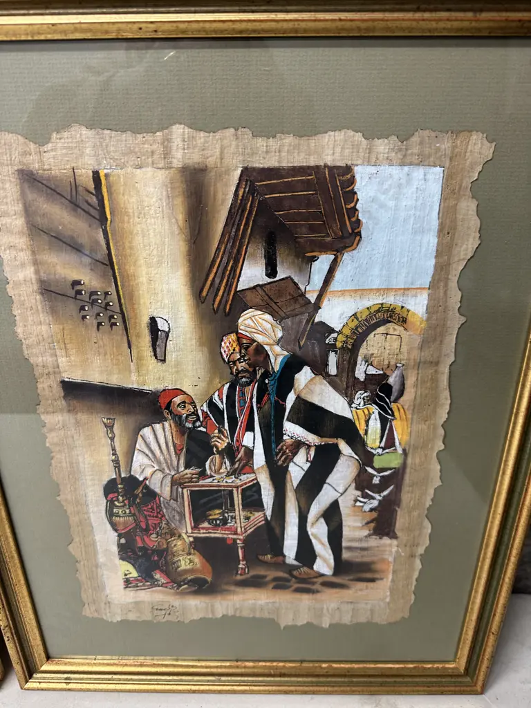Gilt Framed Egyptian Papyrus Scenes From Middle East H54,W42cm. Image 1++