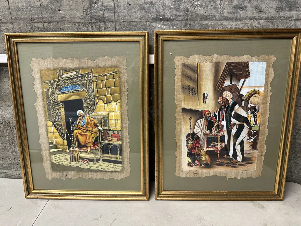 Gilt Framed Egyptian Papyrus Scenes From Middle East H54,W42cm. Image 1++