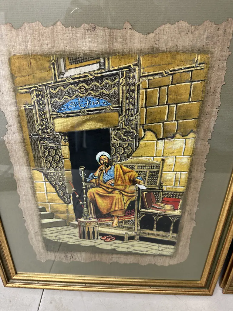 Gilt Framed Egyptian Papyrus Scenes From Middle East H54,W42cm. Image 1++