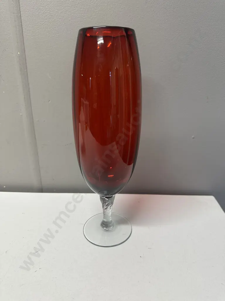 Vintage Italian Empoli Ruby Red Glass Vase With Clear Twisted Stem H28cm. Image 1++