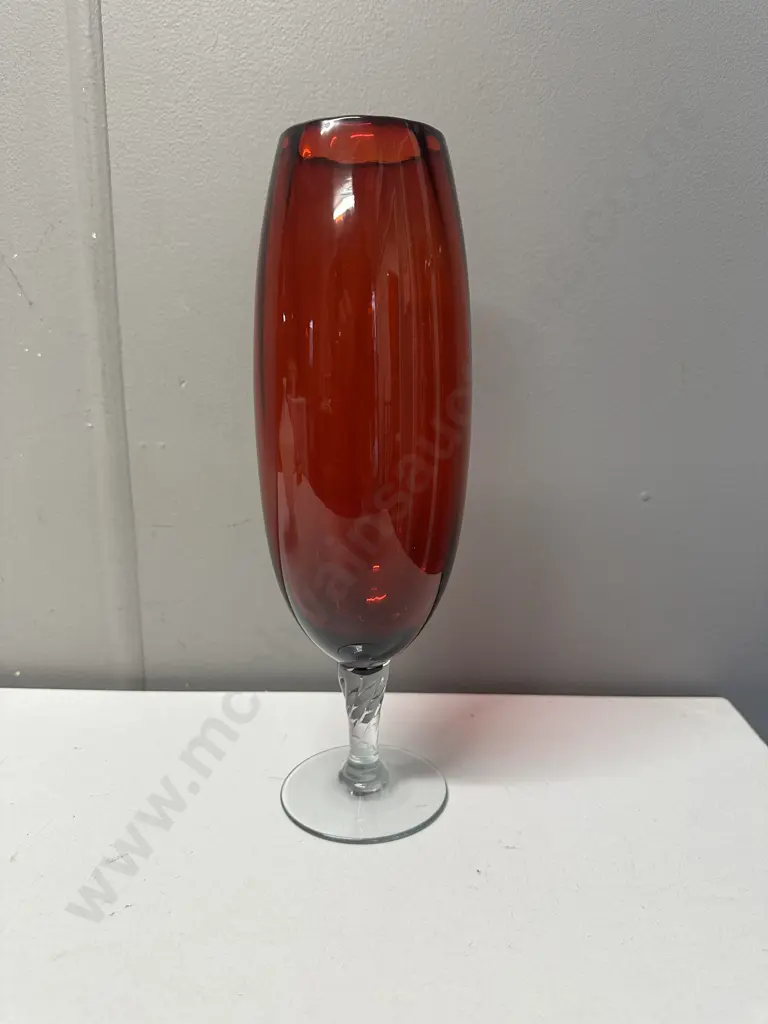 Vintage Italian Empoli Ruby Red Glass Vase With Clear Twisted Stem H28cm. Image 1++