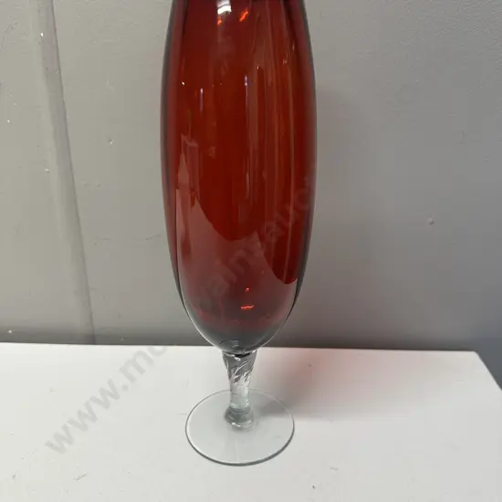 Vintage Italian Empoli Ruby Red Glass Vase With Clear Twisted Stem H28cm.