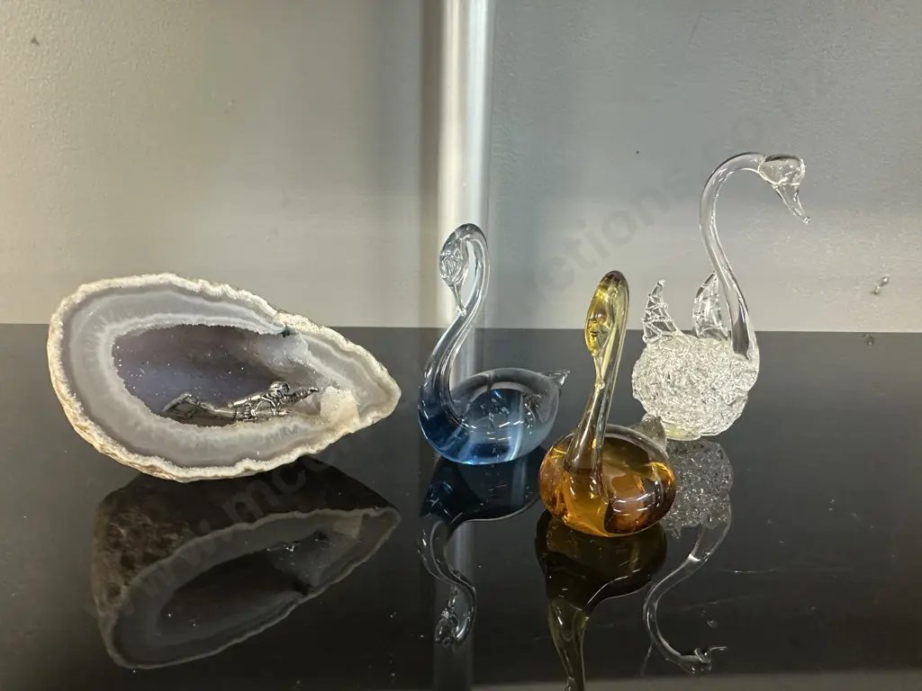 Miniature Diver Placed Inside An Agate Geode & Art Glass Swans Image 1++