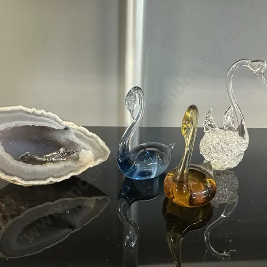 Miniature Diver Placed Inside An Agate Geode & Art Glass Swans