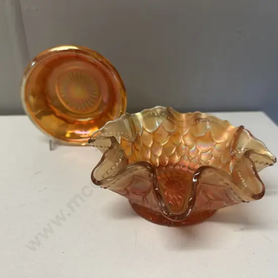 Dugan Carnival Glass Marigold Fish Scales, Beads & Ruffled Edge Bowl & Small Marigold Bowl