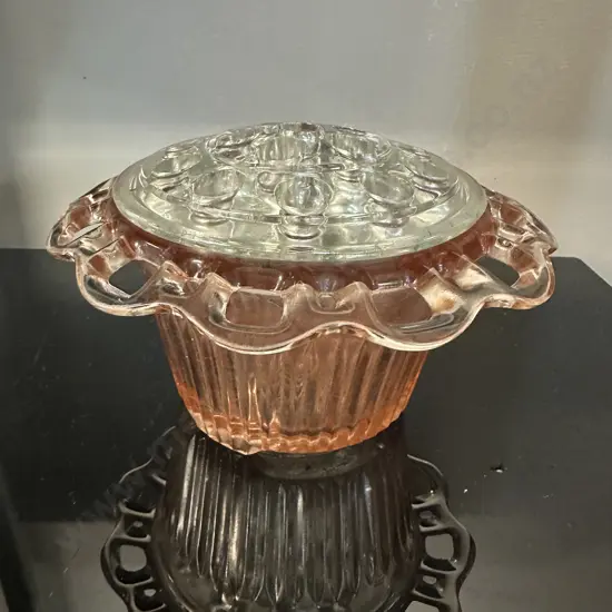 'Vintage Pink Depression Glass Bowl With Clear 16 Hole Frog