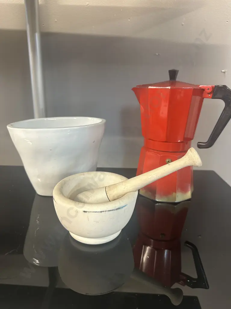 Vintage Items Including Jelly Mould, Mortal & Pestle & Red Coffee Pot Image 1++