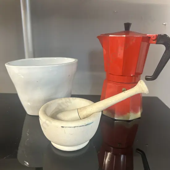 PezzEtti Red Stovetop Coffee Maker, Vintage Jelly Mould & Mortal & Pestle