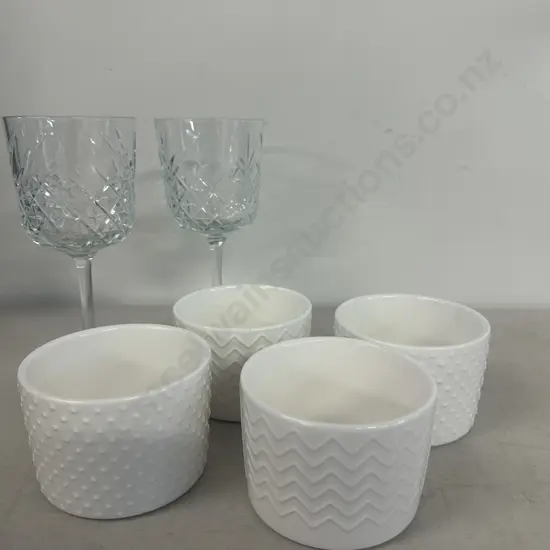 Alex Liddy Ramekins & Pair Of Cut Glass Wine Glasses