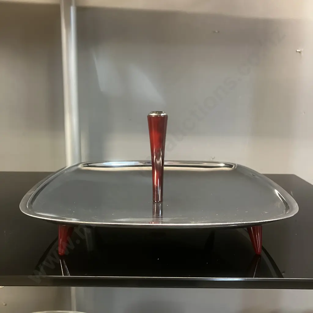 Mid Century 1950s Glo-Hill Gourmates Chrome And Bakelite Footed & Handled Serving Tray. 13 x 33cm Image 1++