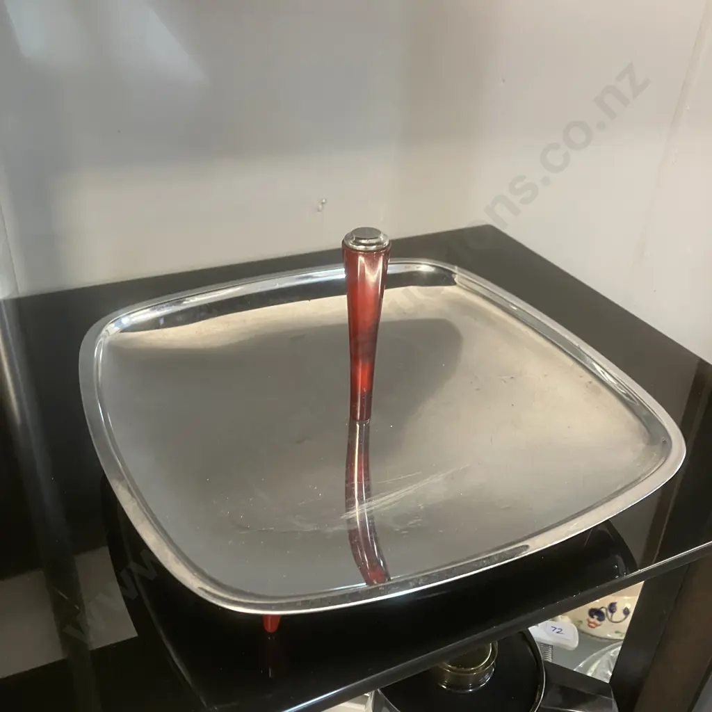Mid Century 1950s Glo-Hill Gourmates Chrome And Bakelite Footed & Handled Serving Tray. 13 x 33cm Image 1++