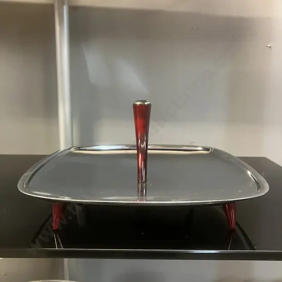 Mid Century 1950s Glo-Hill Gourmates Chrome And Bakelite Footed & Handled Serving Tray. 13 x 33cm