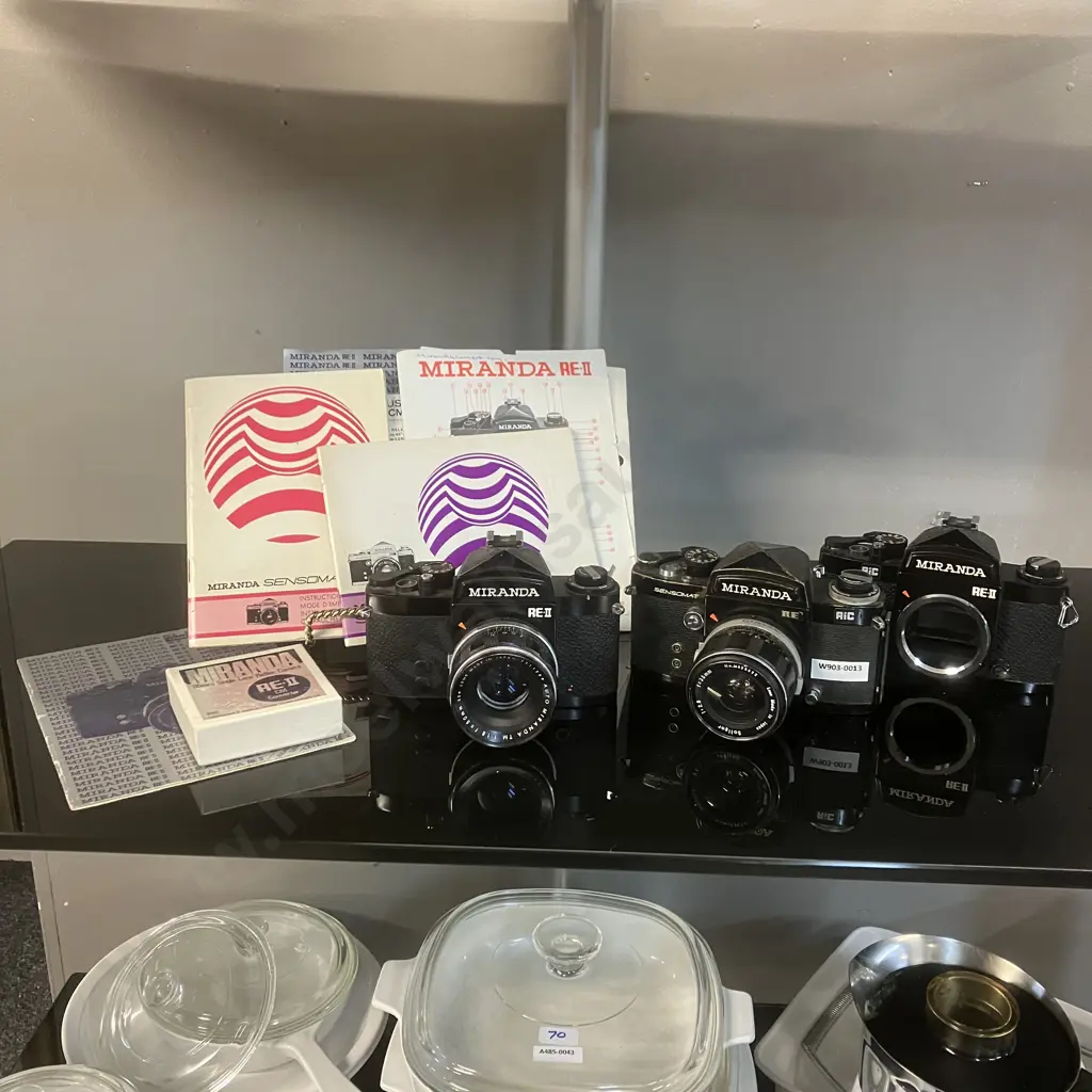 Miranda Sensomat Cameras - 1971 RE 1:2.8 f=35mm, 2 x 1975 RE-II Bodies, 1:1.8 f=50mm Lens, Manuals, CM Converter - Japan Image 1++