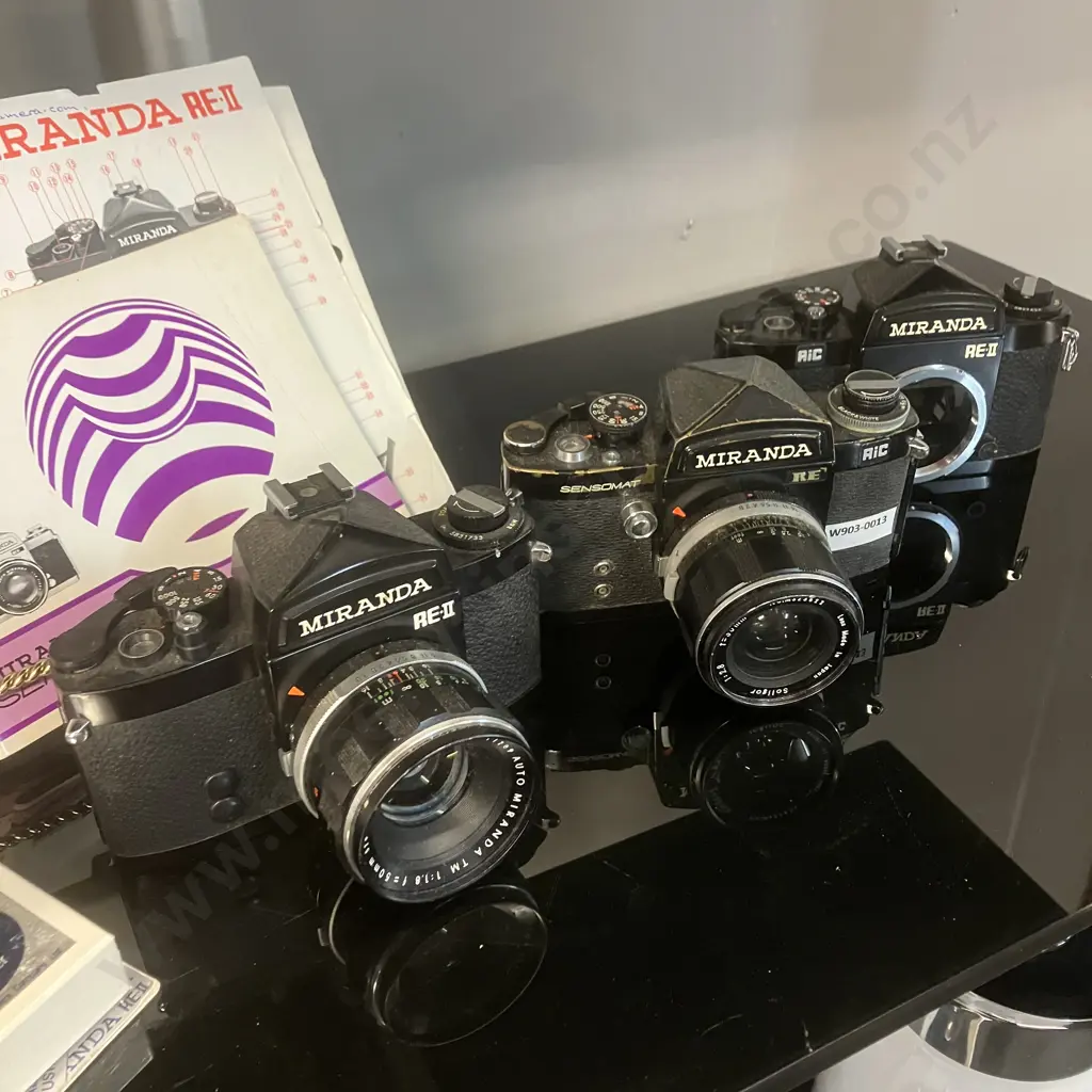Miranda Sensomat Cameras - 1971 RE 1:2.8 f=35mm, 2 x 1975 RE-II Bodies, 1:1.8 f=50mm Lens, Manuals, CM Converter - Japan Image 1++