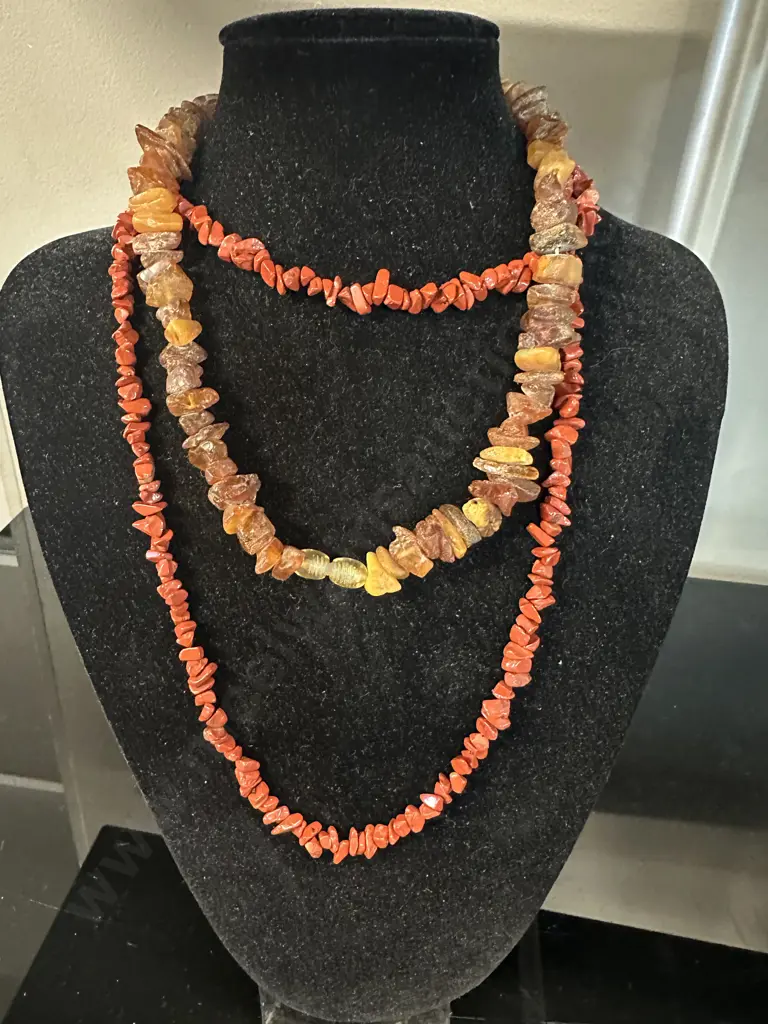 Vintage Amber Necklace Kauri Gum? Blocks Of Different Sizes & Red Jasper? Chip Beads Necklace Image 1++