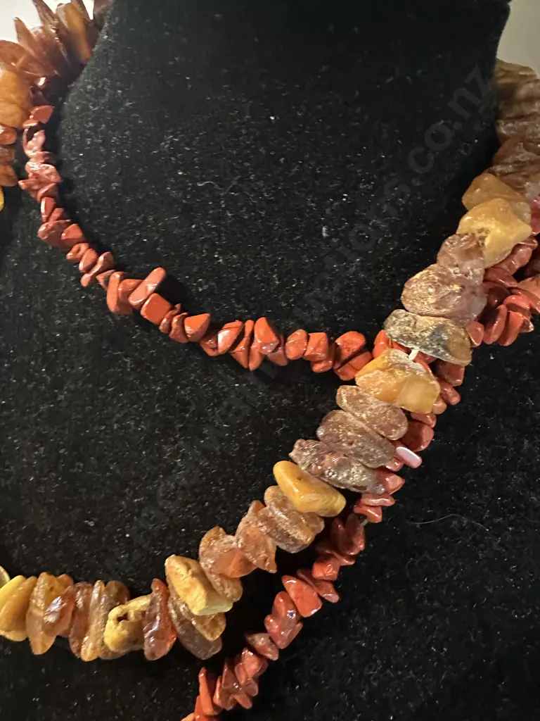 Vintage Amber Necklace Kauri Gum? Blocks Of Different Sizes & Red Jasper? Chip Beads Necklace Image 1++